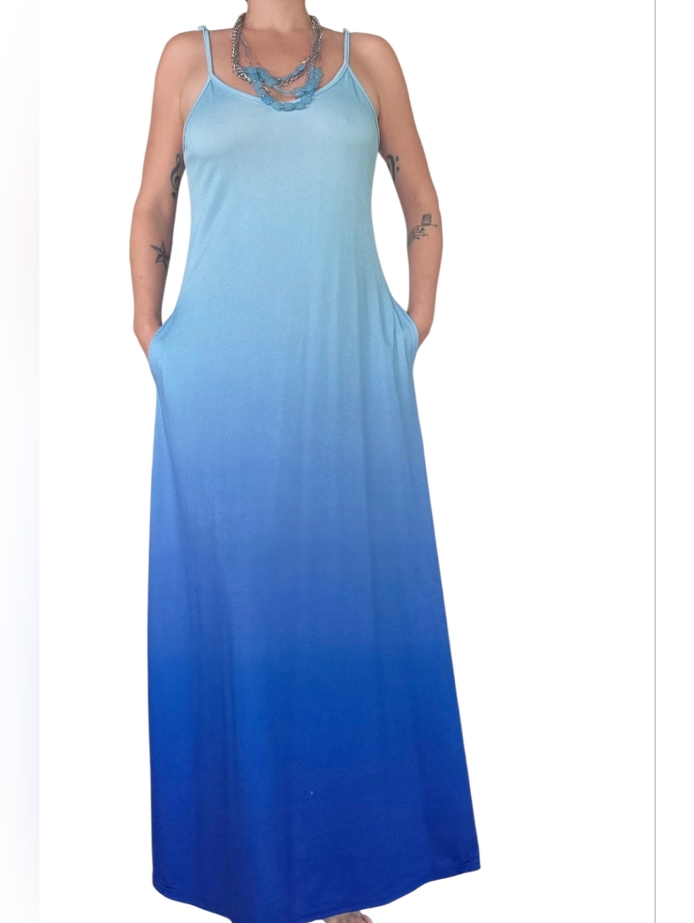 Necklace & Maxi Dress - Ombre Dress & Blue Layered Chain Necklace - Beach Outfit